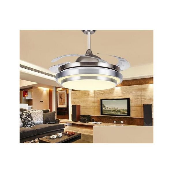 Ventilatori da soffitto 31 8/9 Moderni ventilatori a led a forma rotonda cromata con pale invisibili pieghevoli 100-240V Illuminazione a goccia di luce Ind Dhled