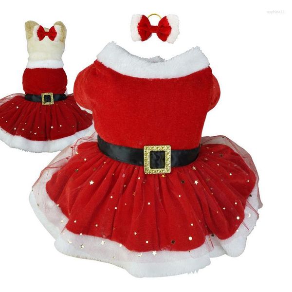 Abbigliamento per cani Abito natalizio per animali Rete lucida Costume da Babbo Natale Abbigliamento per ragazza carina Abiti rossi Vacanza per gatti