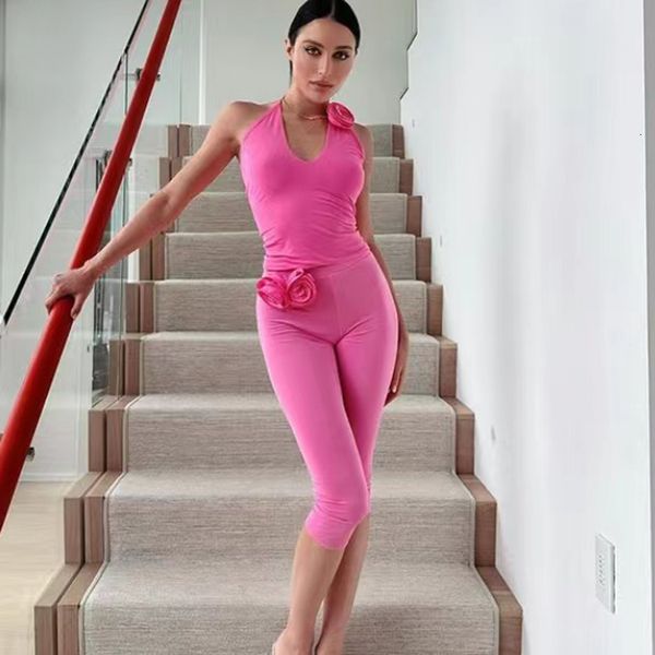 Two Piece Dress Handmade flower slim sexy backless undershirt 2023 summer y2k hundred with top in long pants fashion suit 230914