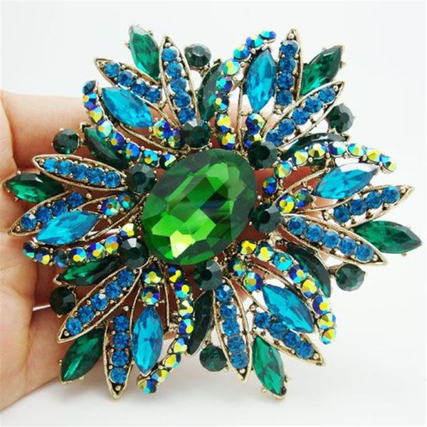 Intero - 2014 nuova moda elegante fiore placcato in oro grande spilla Pin strass verde Crystal295H