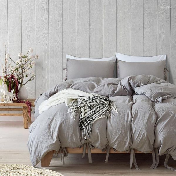 Conjuntos de cama Rosa Quilt Cover e Fronhas Sem Folhas Cor Sólida Home Lace Up King Size Set