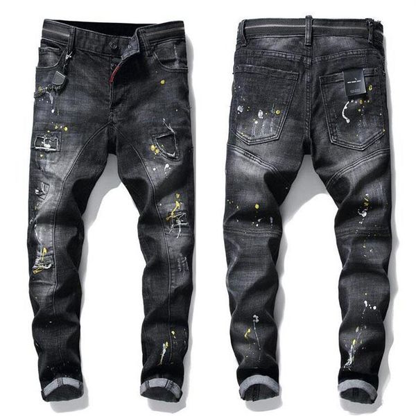 Jeans neri skinny con pannelli a nastro unici da uomo Pantaloni denim da moto lavati slim fit alla moda con toppe Pantaloni Hip HOP171Q