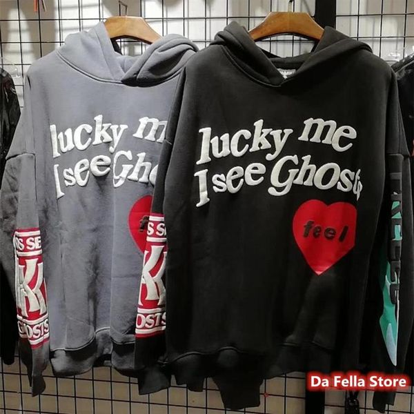 Hoodies Lucky me eu vejo fantasmas Hoodie Red Heart Feel Logo Moletons Pulôver Homens Mulheres Espuma impressão 3D256p