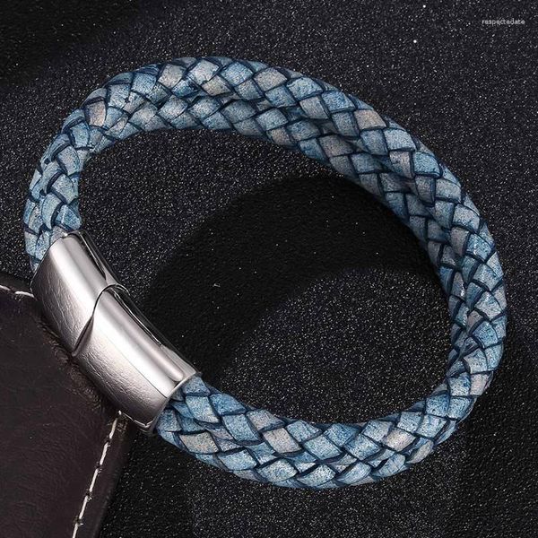 Charme pulseiras moda masculina jóias punk antigo azul duplo trançado pulseira de couro aço inoxidável fecho magnético masculino pulseira presentes