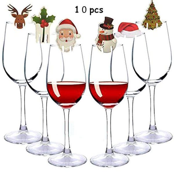 10 pçs/set copo de vidro de natal cartão papai noel chapéu decoração de vidro de vinho ornamentos decorações de natal navidad noel ano novo 915