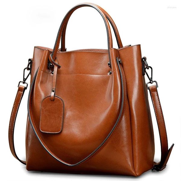 Akşam Çantaları Kadınlar için Büyük Çanta Yağ Balmumu Orijinal Deri Kadın E biriken Omuz Tassel Tasarım Marka Cowhide Lady Tote