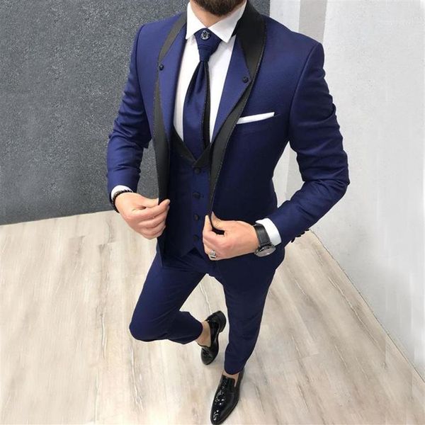 Özel lacivert ince fit düğün kostüm takım elbise için damat takım elbise smokin 3 adet sağdıç parti takım takım elbise mans için düğün smokin