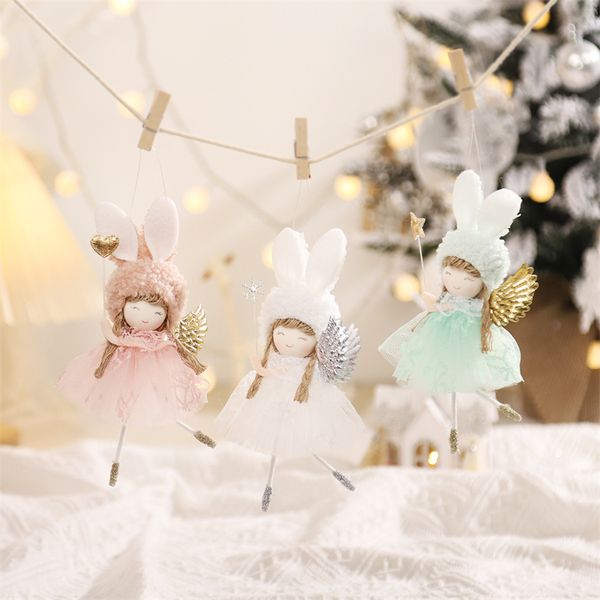 Weihnachtsdekorationsartikel, niedliches Kaninchenohr-Mädchen mit Flügeln, das einen Feenstab-Puppenanhänger hält, Weihnachtsbaum-Anhänger