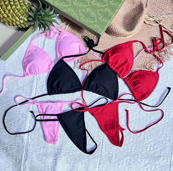 Weibliche Strandbekleidung, Metall-Bikinis, Designer-Tanga, Biquinis, Modemarke, brasilianische Mikro-Bikini-Sets, sexy zweiteiliger Badeanzug, rosa, rot, schwarz, weiß, Badebekleidung mit Etikett S-XL