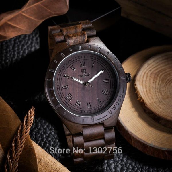 2018 neue natürliche schwarze Sandale Holz Analoguhr UWOOD Japan MIYOTA Quarzwerk Holzuhren Kleid Armbanduhr für Unisex267J