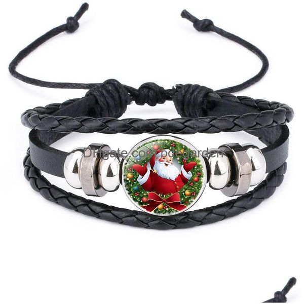 Braccialetti con ciondoli Pelle di Natale per donna Uomo Renna Albero Babbo Natale Campana Pupazzo di neve Vetro Cabochon Bangle Fashion Festival Drop Del Dhdx9