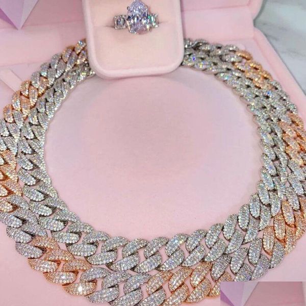 Collana a catena a maglia cubana baguette da 15 mm in oro rosa sier bicolore 14K rame diamante gioielli con zirconi cubici consegna a goccia da 14 pollici a 20 pollici