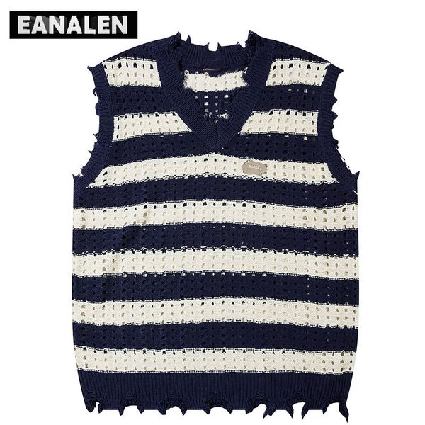 Мужские жилеты Harajuku Vintage Blue Pink Striped Sweater Vest Мужской дизайнерский пуловер Y2K Свитер большого размера с отверстиями Женский жилет Aesthetics 230915