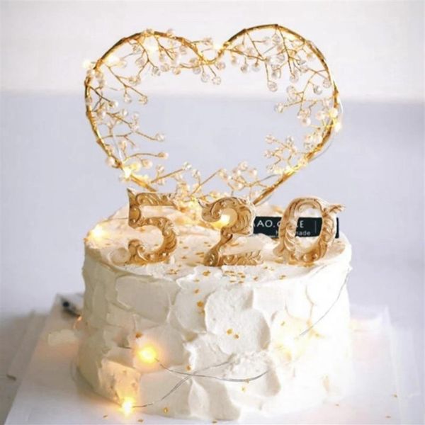 LED Pearl Cake Toppers a forma di cuore sogno Flash strumenti per decorare torte Matrimonio buon compleanno Toppers Cupcake Party Supplies2350