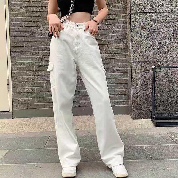 Jeans da donna tricolore femminile 2023 pantaloni a vita alta drappeggiati dritti multitasche stile europeo e americano