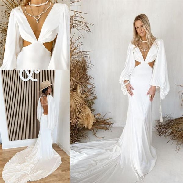 Moderno praia sereia vestidos de casamento simples crepe mancha sexy cutside boêmio férias verão grego vestido de noiva rue de seine262z