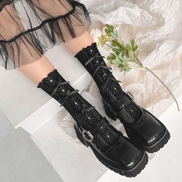 Meias femininas vazadas malha arrastão renda jk lolita doce meninas kawaii fofo estilo japonês laço preto branco babado