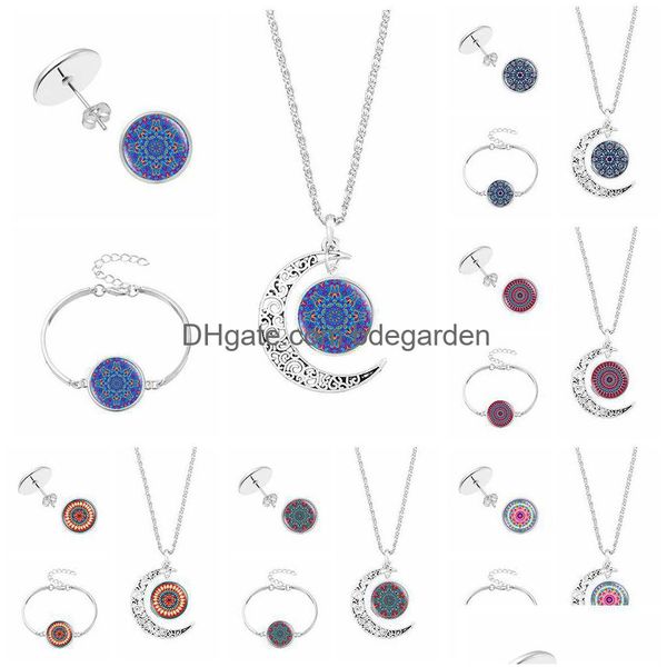 Bracciale Orecchini Collana Indiano Mandala Fiore della vita Stud per le donne Buddismo Meditazione Ciondolo Catene con ciondoli Set di gioielli di moda D Dhjsr