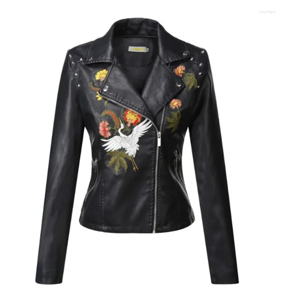 Giacca da donna in pelle con stampa floreale ricamo finto morbido Cappotto da moto in PU femminile Nero Punk con cerniera Rivetto Capispalla Lady Q463