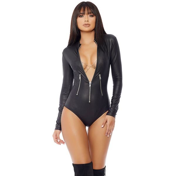 Macacões femininos macacões de manga comprida LATEX Playsuit gótico Faux Cathauit Zipper Fetish Wetlook PVC Catsuit Erotic Clubwear Plus Tamanho PU