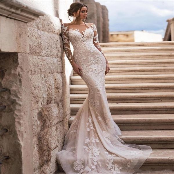 2022 Sheer Neck maniche lunghe in pizzo sirena abiti da sposa con gonna staccabile tulle applique Sweep Train abiti da sposa robes de m337I