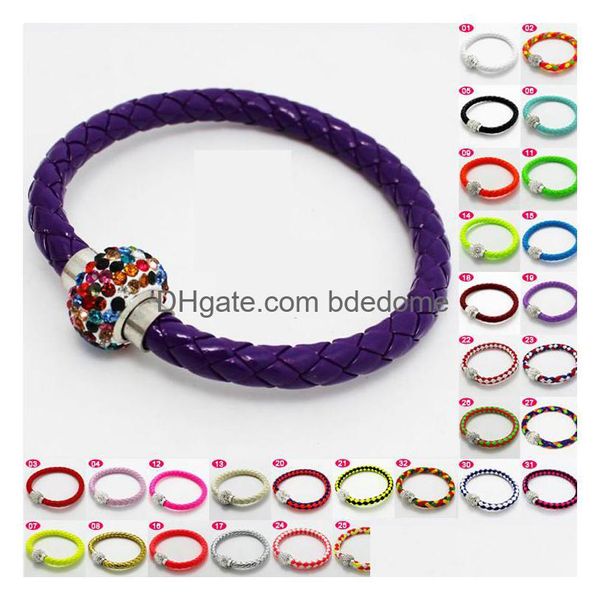 Charm Armbänder Neues geflochtenes PU-Leder-Magnetknopf-Armband CZ-Disco-Kristallperlen-Armreif Mticolor Handcraft Geschenk-Tropfen-Lieferung Jude Dhigc