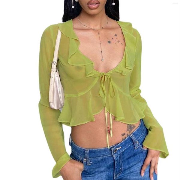 Женские футболки Y2k с принтом, женские прозрачные сексуальные укороченные топы с длинными расклешенными рукавами, глубокий V-образный вырез, плиссированный подол для лета, одежда для паба262R
