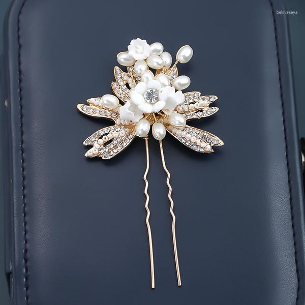 Haarspangen, 1 Stück, Vintage-Goldschmuck, Perlen-Strass-Haarnadeln, Blumenstab, Blätter, handgefertigt, Braut, Hochzeit, Frauen