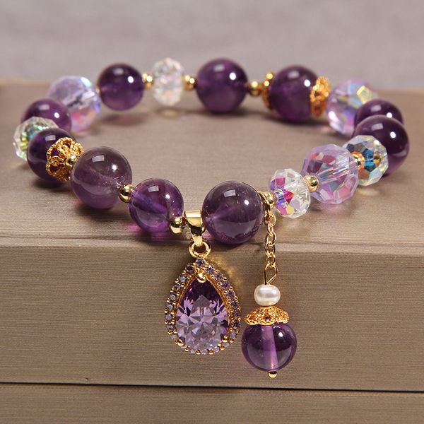 Armreif Natürliches Amethyst Armband Damen Zirkonia Liebe Anhänger Perlen Vintage Strang Armbänder Schwester Student Festival Schmuck Geschenk 230915