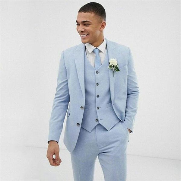 Ternos masculinos de casamento azul claro, slim fit, smoking, roupa de noivo, 3 peças, jaqueta, calças, colete, noivo, blazer, traje homme m2318