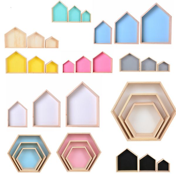 Caixas de armazenamento # decorações de quarto infantil prateleira hexagonal de madeira em forma de casa nórdica prateleiras montadas na parede racks de parede quarto infantil decoração de casa 230915