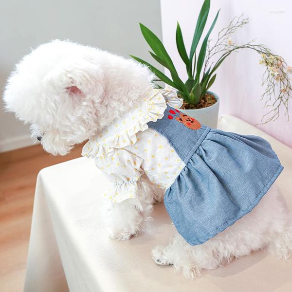 Cão vestuário amarelo pontos saia para cães pequenos gatos urso chihuahua festa de casamento denim vestido bonito vestidos polka