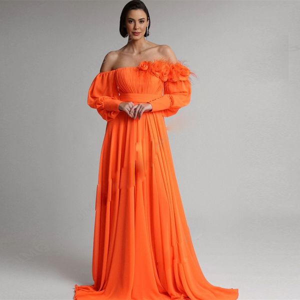 Orangefarbenes Chiffon-Abendkleid in A-Linie, schulterfrei, handgefertigt, formelles Kleid mit Blumen, Falten, Sweep-Zug, Nacht-Partykleid