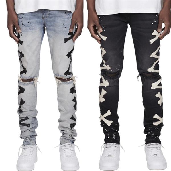 Jeans da uomo modello osso patchwork Jean Hombre pantaloni moto autunno streetwear strappato Jean Noir Homme pantaloni con cerniera per uomo313o