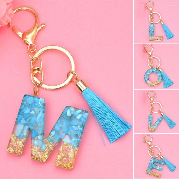 Porte-clés Mode Bleu Lettre Porte-clés Or Glitter Alphabet Initial Pendentif Avec Porte-clés Gland Pour Femmes Fille Bourse Sacs À Main Décoration