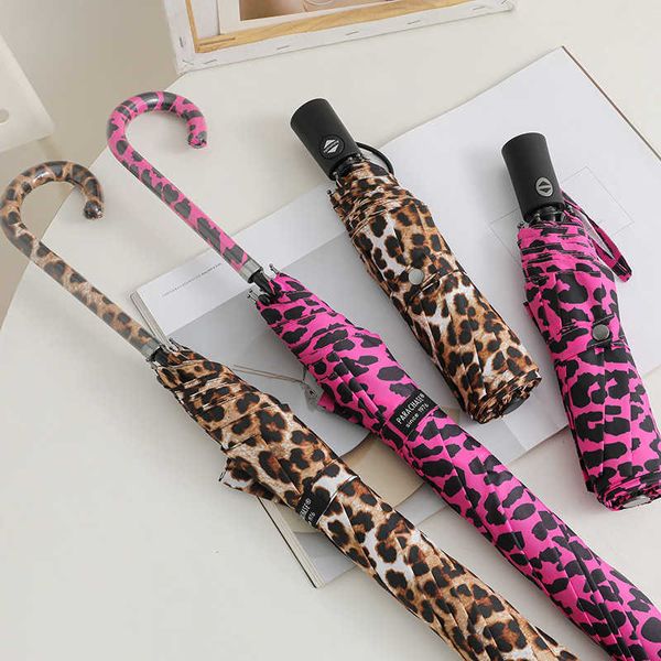 Leopard Stampa femminile ombrello automatico maschio Rain protezione solare Tre ombrello pieghevole Parapluie per viaggi all'aperto L230626