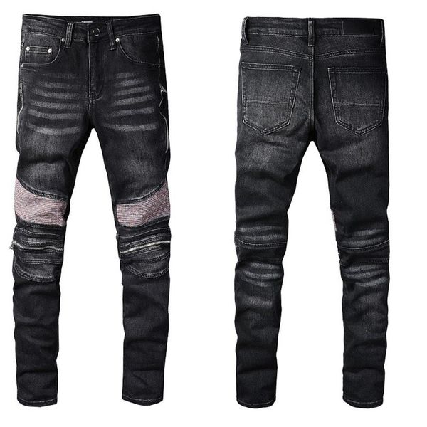 Мужские джинсы скинни высшего качества, рваные джинсы, мотоциклетные байкерские нашивки, модные джинсовые брюки в стиле хип-хоп с известным принтом266r