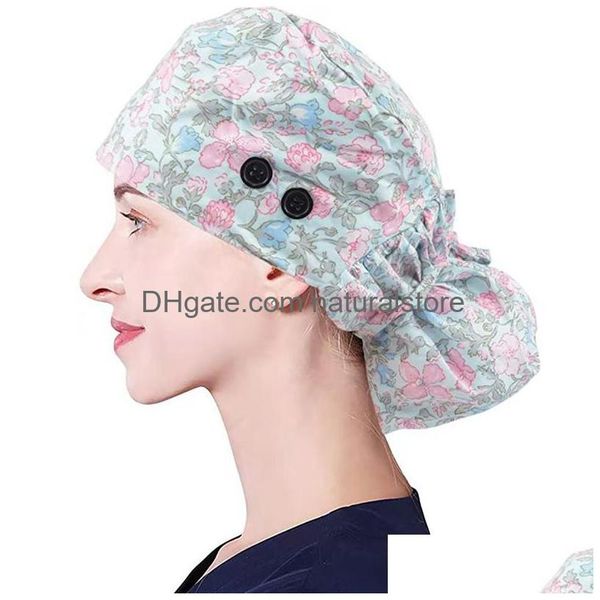 Bonnet / Skull Caps Imprimer Capuchon de travail de cheveux longs réglables avec porte-queue de cheval bouton Chapeaux de gommage Chapeau d'infirmière élastique pour les femmes Drop Deliv Dh0Ks