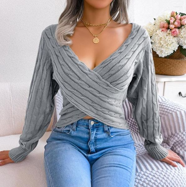 Damenpullover Eleganter Temperamentpullover 2023 Einfarbig Sexy Kreuz V-Ausschnitt Twist Langarm Nabelpullover Pullover Crop Top