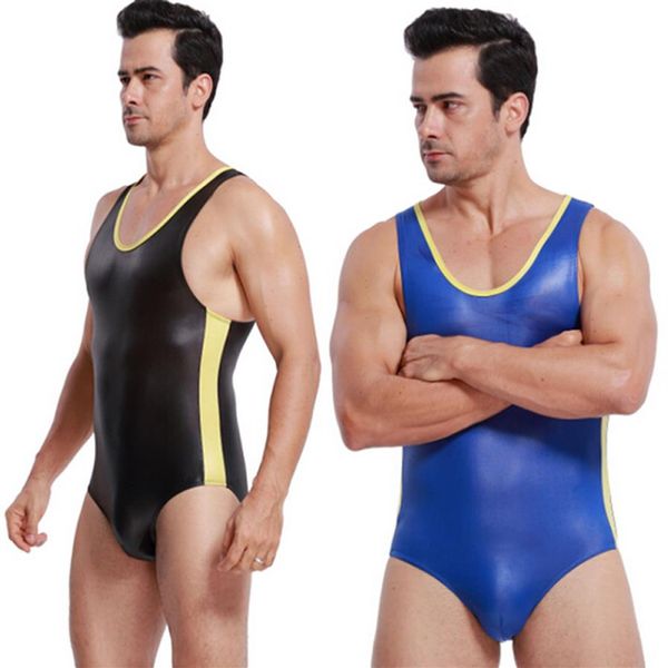 Schwarz Blau Männer Bodysuit Unterwäsche Gestreiften Mode Wrestling Singlet Body Herren Leder Bademode Männlichen Körper Shaper Overall SML276W