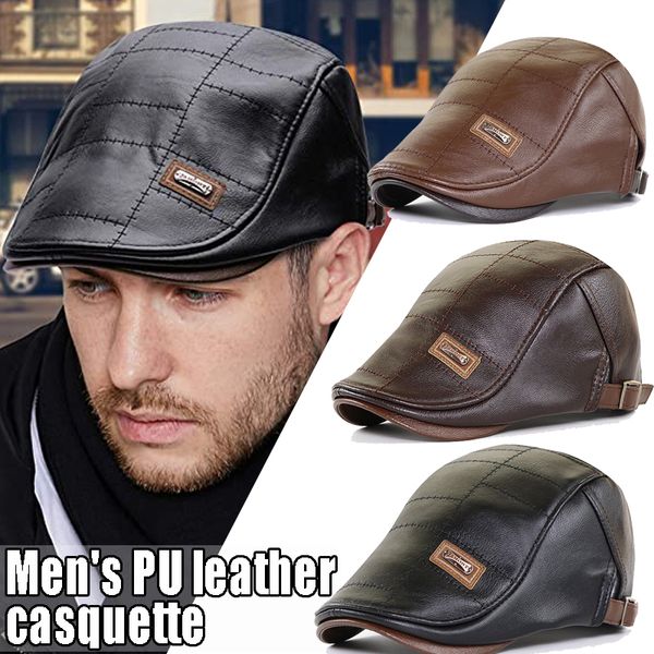 Berets primavera verão homens moda retro pu couro boina chapéus chapéu de meia idade mens viseira quente plana boné ajustável 230915