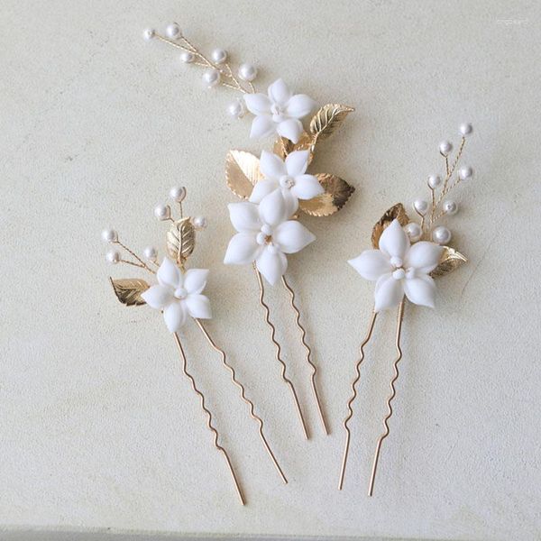 SLBRIDAL Handgemachte Legierung Blatt Keramik Blume Perlen Braut Pins Set Hochzeit Aufkleber Zubehör Frauen Schmuck