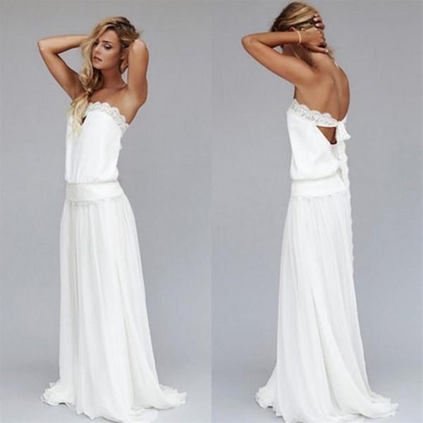 Abiti da sposa vintage anni '20 da spiaggia economici Abito da sposa bohémien a vita bassa senza spalline Backless Boho Abiti da sposa Nastro di pizzo2449