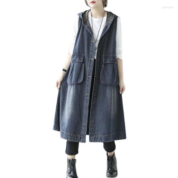 Kadın yelek denim yelek kadın sonbahar Kore orta uzunlukta ded düğmesi gevşek vintage yelekler kadın kolsuz kot pantolon