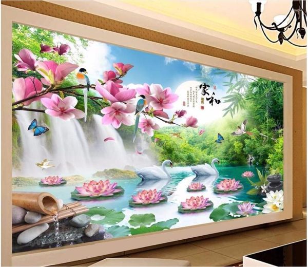 Wallpapers Benutzerdefinierte Wandbild 3D Po Tapete Chinesischer Berg fällt Schwan Lotus Malerei Bild Wandmalereien für Wände 3 D