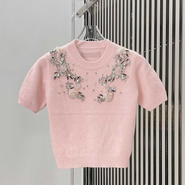 Maglioni da donna ritagliati 2023 primavera nuovo pullover con diamanti in rilievo fatto a mano top in lana manica corta rosa vestibilità lavorata a maglia