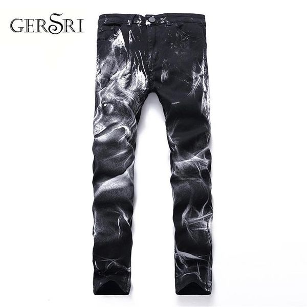 Gersri Night Club Мужские джинсы с 3D принтом Черный волк с принтом в стиле панк Тонкие прямые хлопковые повседневные джинсовые брюки с принтом Плюс Size279s