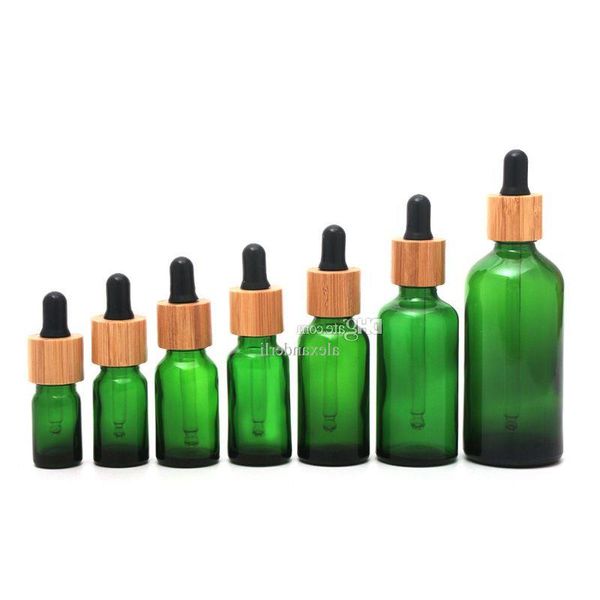 Garrafa conta-gotas de vidro verde fosco 5ml 10ml 15ml 20lm 30ml 50ml 100ml com tampa de bambu 1oz garrafas de óleo essencial de madeira Cnnqw