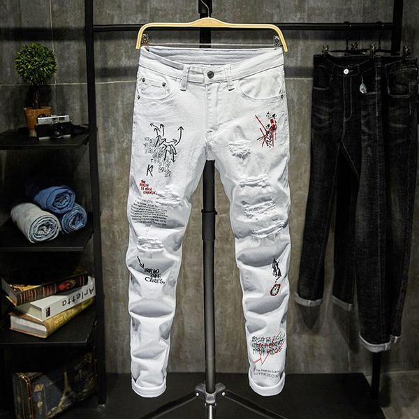 Jeans masculinos moda na moda bordado letras homens faculdade meninos magro pista zíper calças jeans destruído rasgado preto branco 312f