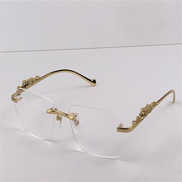 Nuevo diseño de moda gafas con montura óptica 36456512 lente pequeña irregular sin marco transparente con corte de cristal pierna de animal retro classic268I